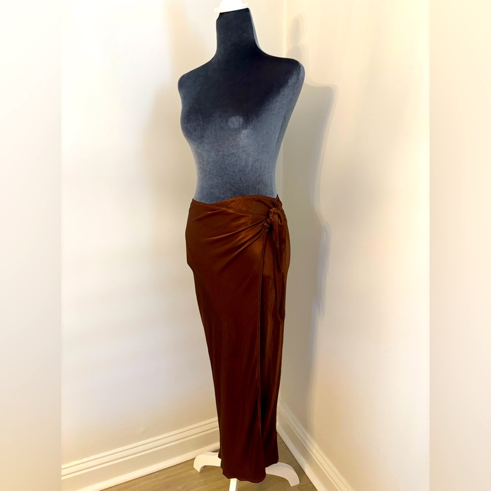 Enza Costa Satin Wrap Skirt In Saddle Brown Size 0/Xs - Picture 3 of 16